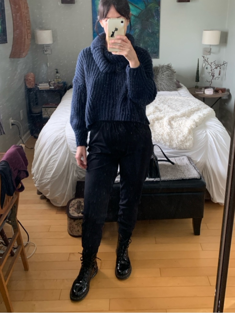 Navy Blue Cowl Neck Cropped Sweater M - Picture 3 of 9